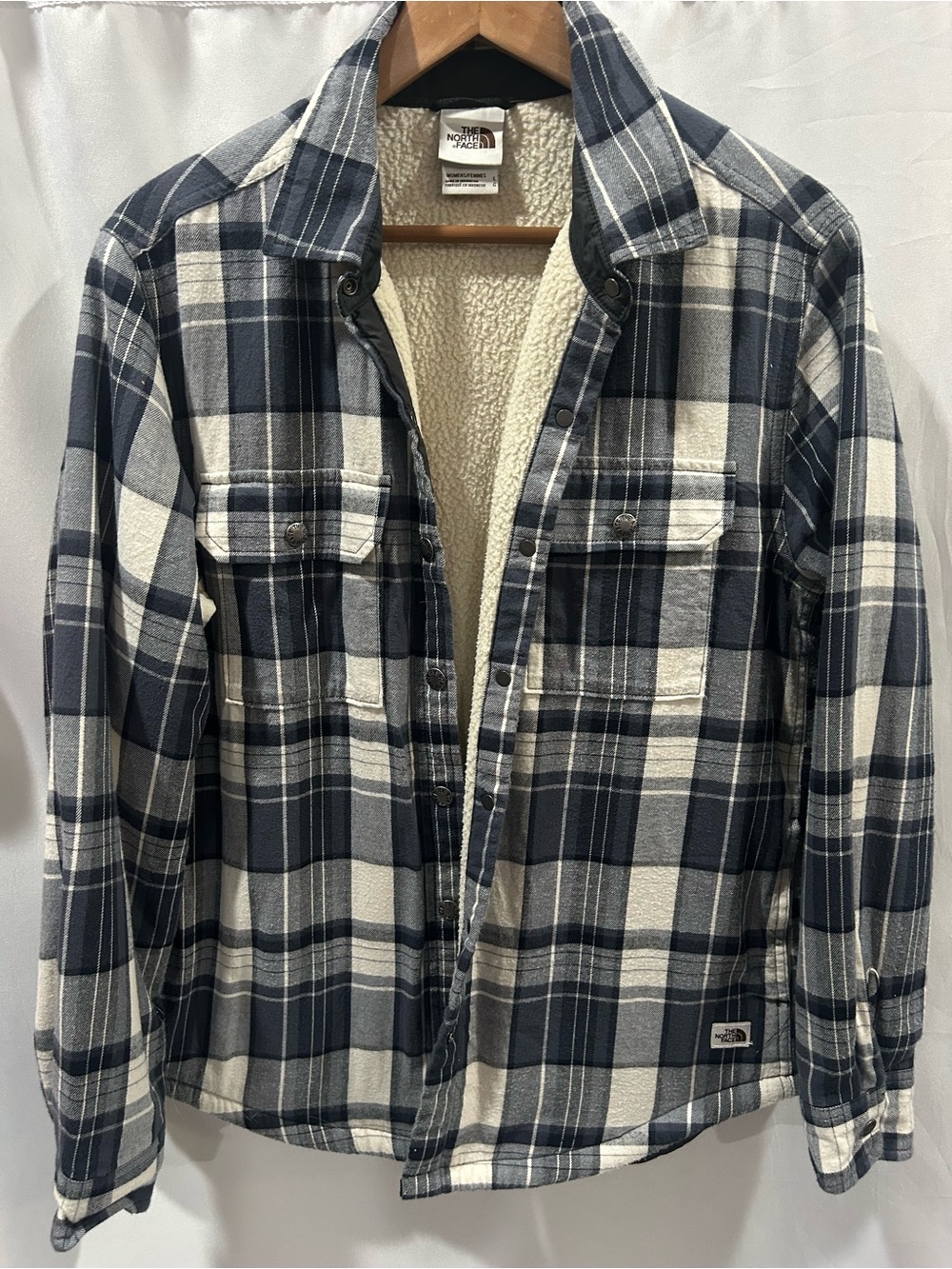 LN The North Face Campshire Navy & White Plaid Sherpa-Lined Button-Down Jacket